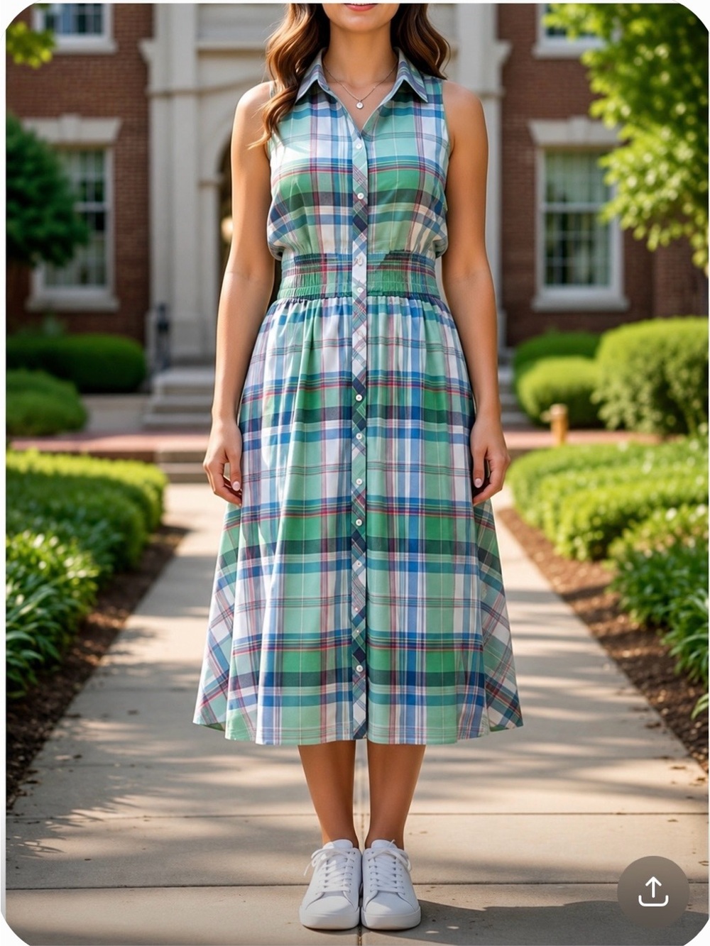 1901 Sleeveless Plaid Midi Shirt Dress in Teal, Blue, Green